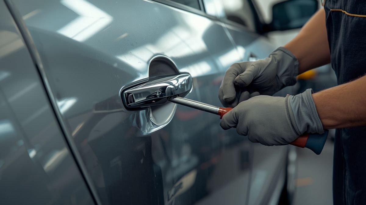 Gloved hands using a panel tool to work a dent out of a silver car door