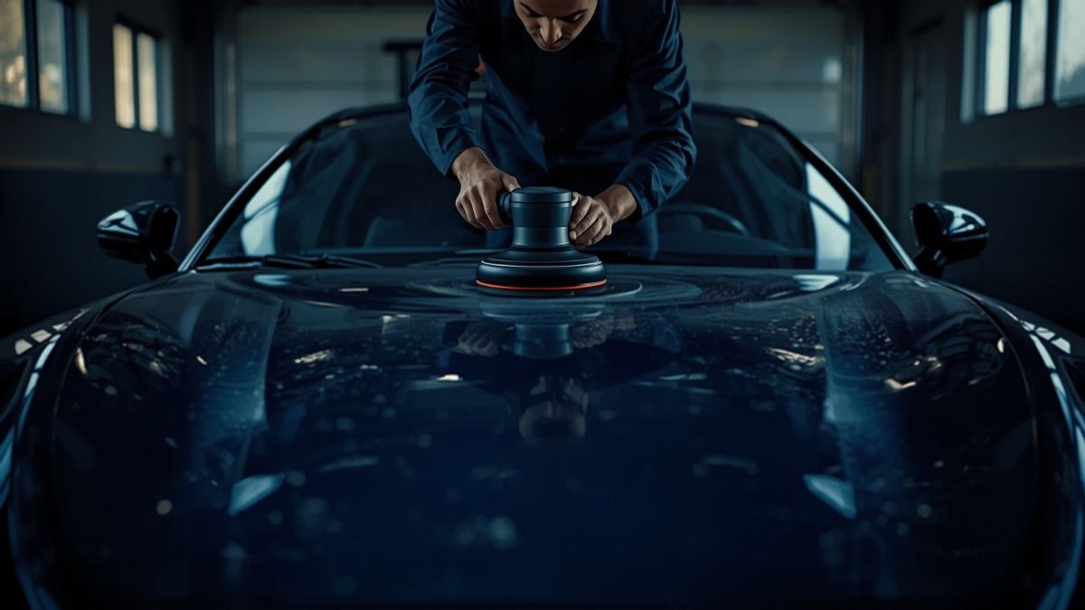 Detailer running a machine polisher across the bonnet of a dark blue car
