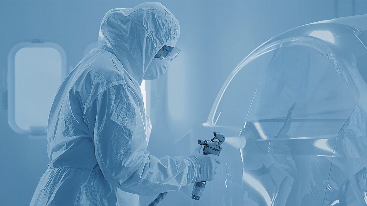 Painter spray-painting a car door panel inside a paint booth