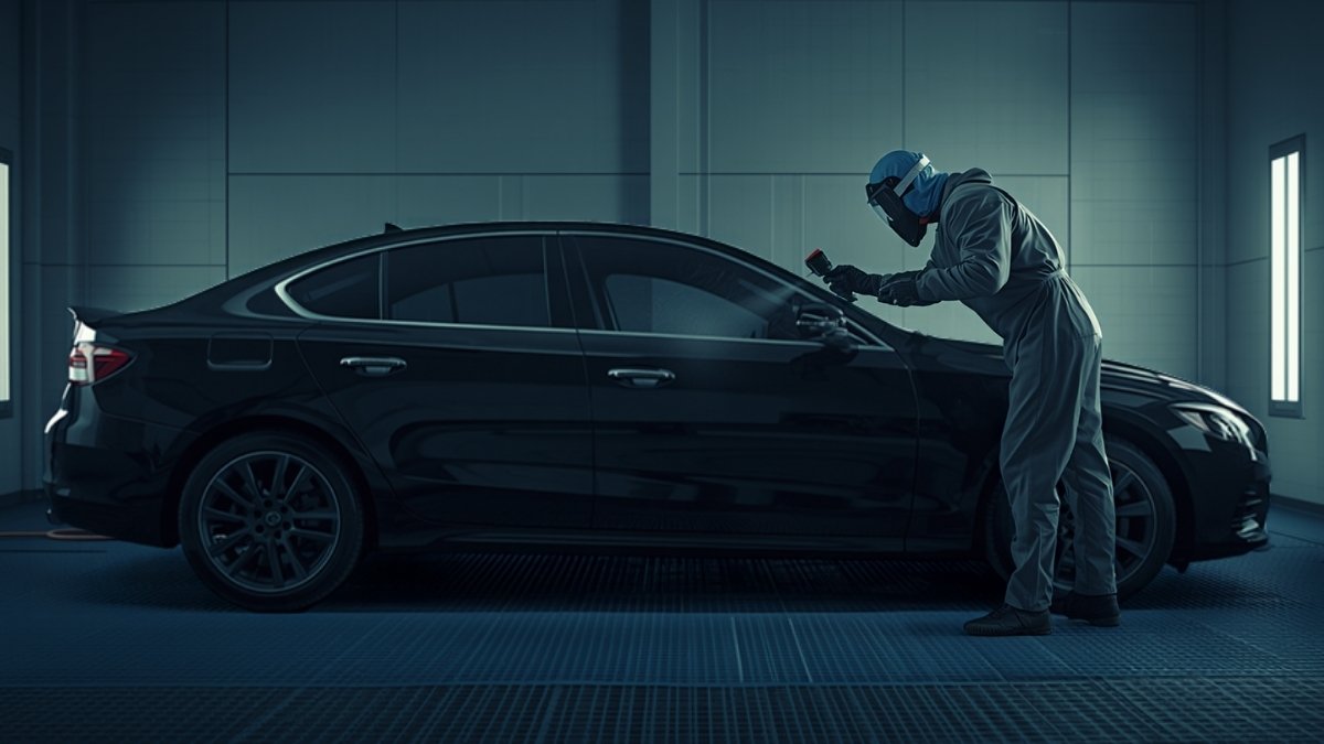 Painter spray-painting a car door panel inside a paint booth