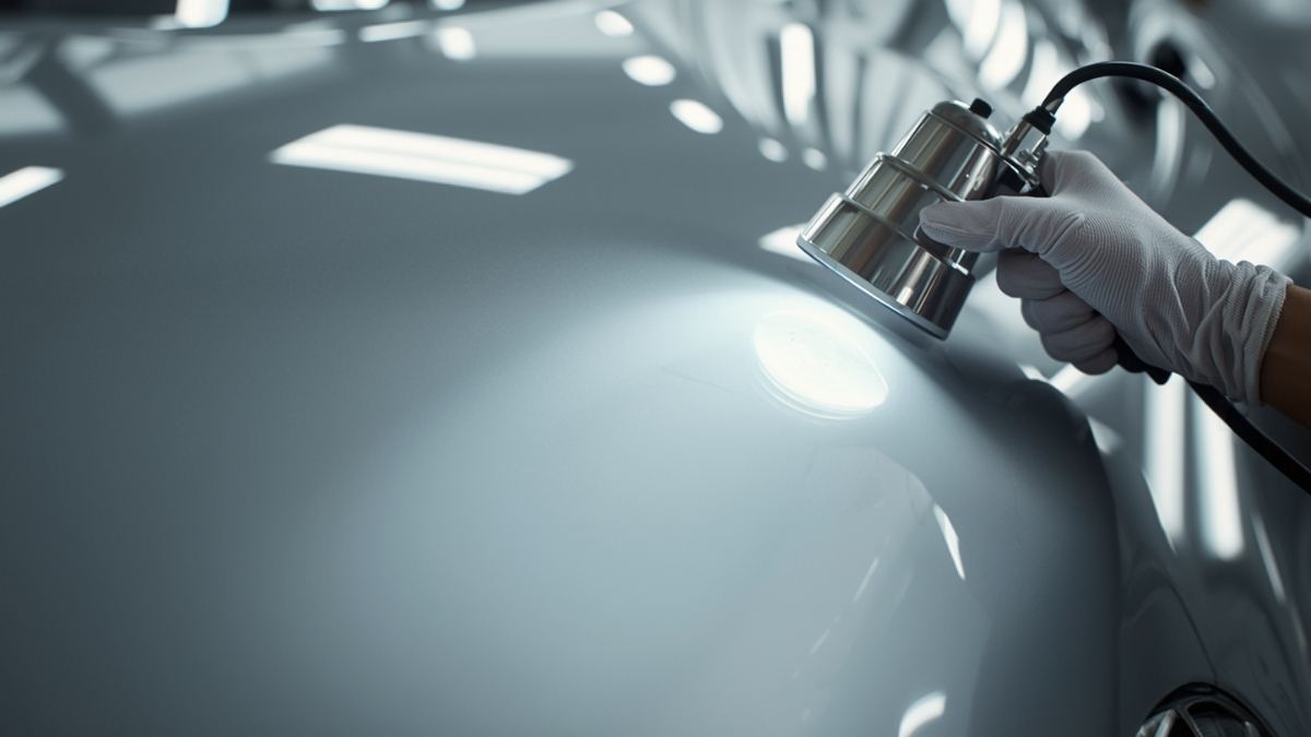 Freshly painted car bonnet being checked under a handheld lamp