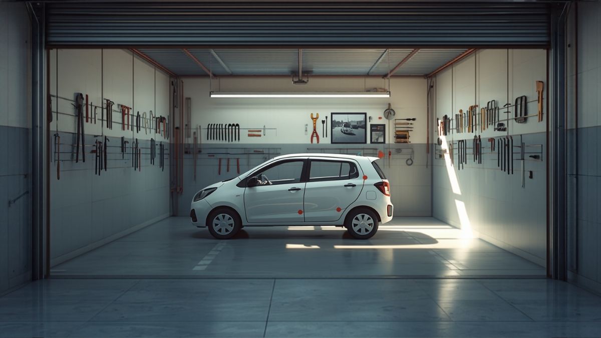 White hatchback with marked panels parked in a tidy garage bay with tools on the walls